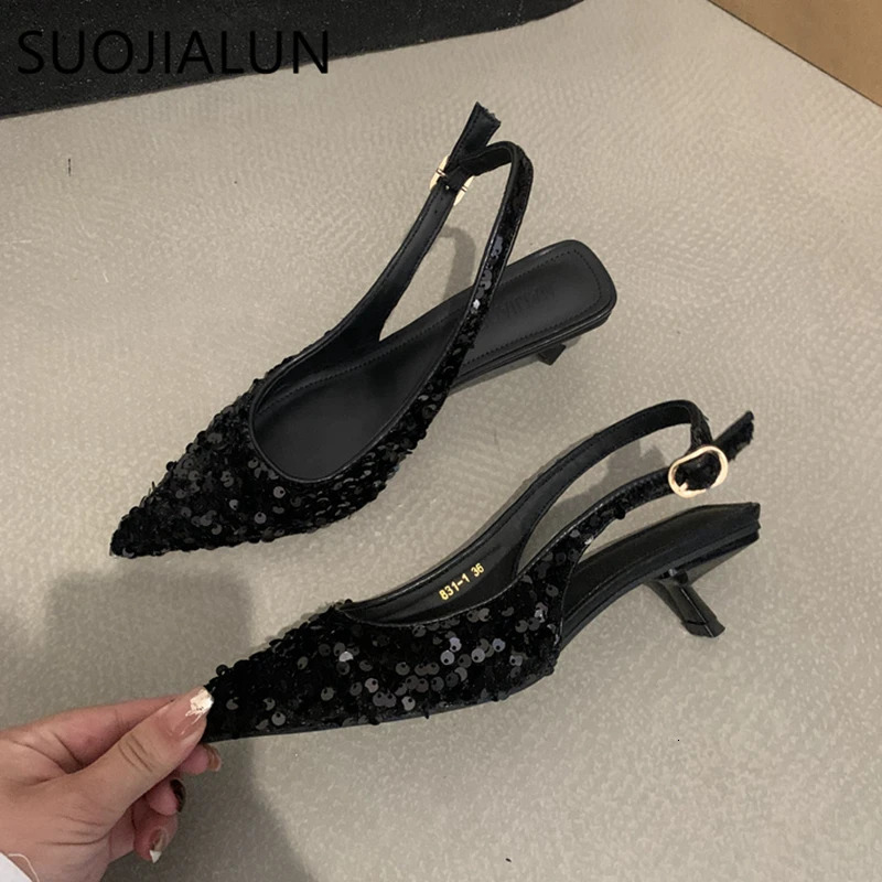 SUOJIALUN Bling Women Sandal Fashion Pointed Toe Shallow Slip On Ladies Elegant Slingback Shoes Med Heel Pumps Shoes 250106