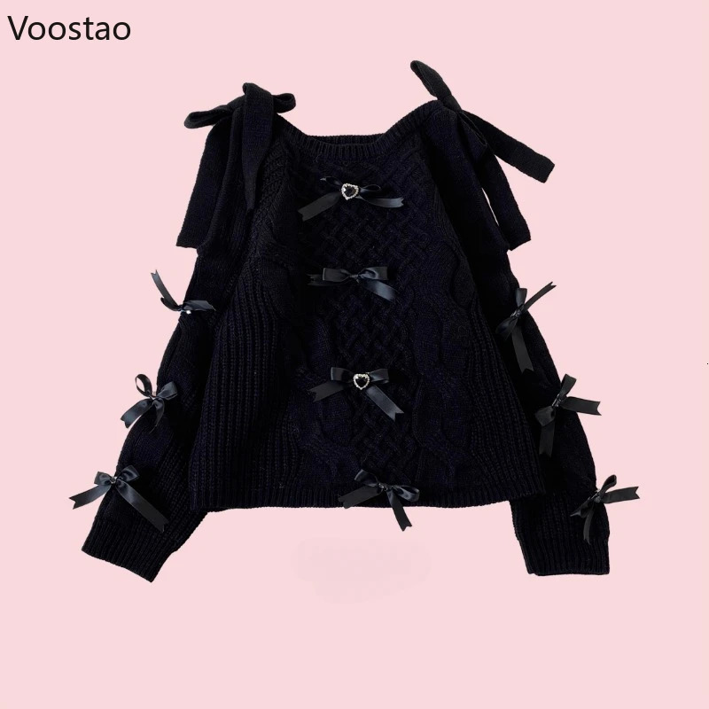 Vintage Sweet Lolita Style Knitted Pullover Autumn Winter Women Cute Off Shoulder Bow Sweater Girls Harajuku Y2k Knitwear Tops 250103