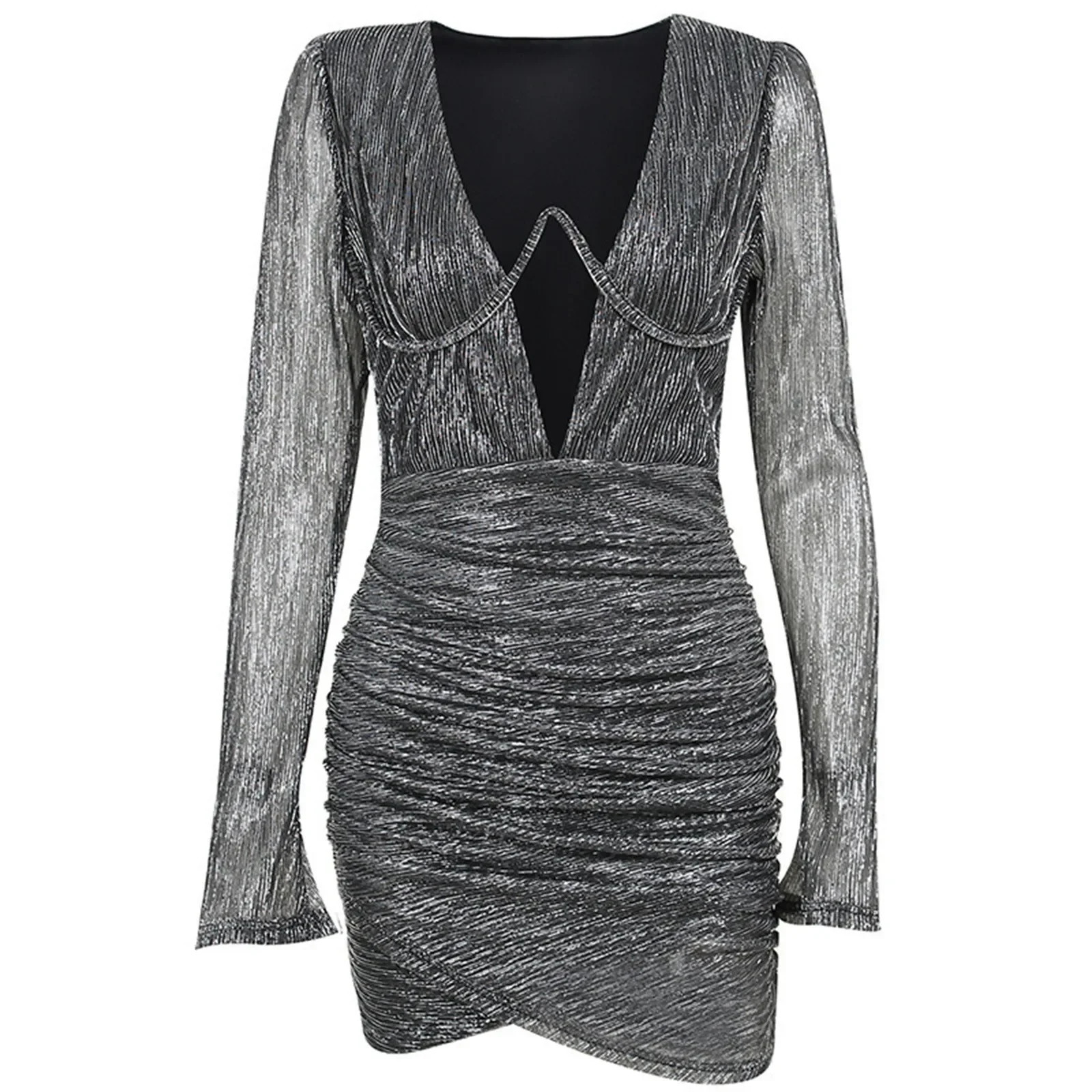 Y2k Shiny Sexy Evening Dress Womens Fashion Elegant Long Sleeve Low Cut Sexy Mini Dress Womens Party Dress Vestido 250103