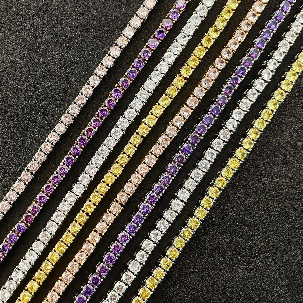 High Quality Hip Hop Brass 4mm Choker Colorful Link Chain Tennis Chain Men Women Fashion Iced Out Cubic zirconia Jewelry 250106
