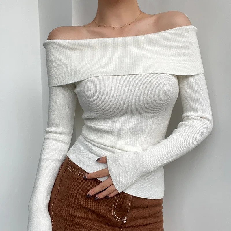 Black Sexy Off Shoulder Knit Tops Solid Slash Neck Long Sleeved Slim Fit Sweater White Elegant Pullover Sueter Mujer 31042 250103