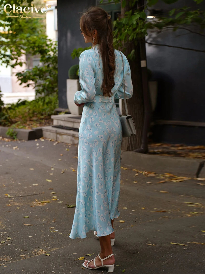 Clacive Fashion ultra-thin printed womens clothing 2025 casual lapel long sleeved midi dress elegant classic high waisted womens clothing 250103