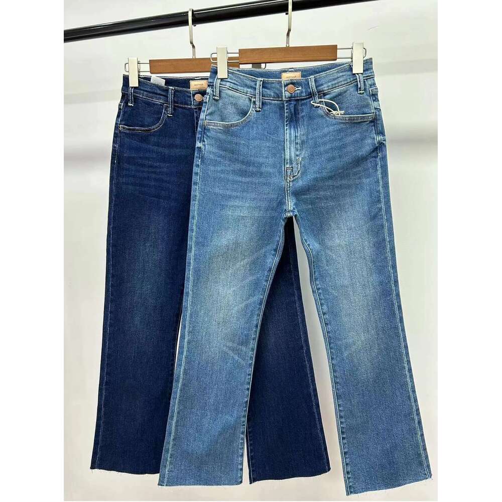Women Fashion Denim Pants High waisted Elastic Micro Flared Cropped Blue Stretch Jeans Streetwear