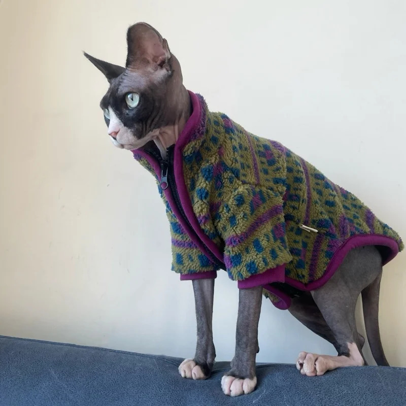 Sphyinx Cat Autumn and Winter Austrian Fleece Warm Green Jacket Zip-up Cardigan Cat Clothes Thick Purple Coat for Devon Rex 250106