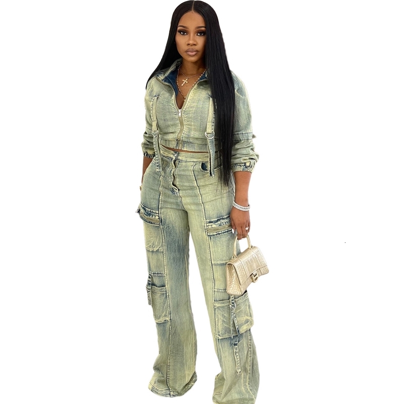 Womens Tracksuits Two Pieces Set 2025 New Fashion Sexy High Elasticity Multi Pocket Washed Cowboy Casual Set