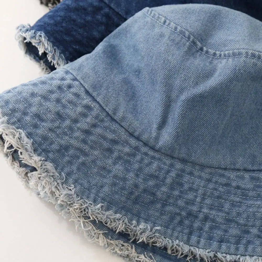 Sunscreen Hat Solid Color Fur Denim Fisherman Hat Denim Style Men Women Bucket Hat Fringed Edge Summer Vintage Bob Hat 250106