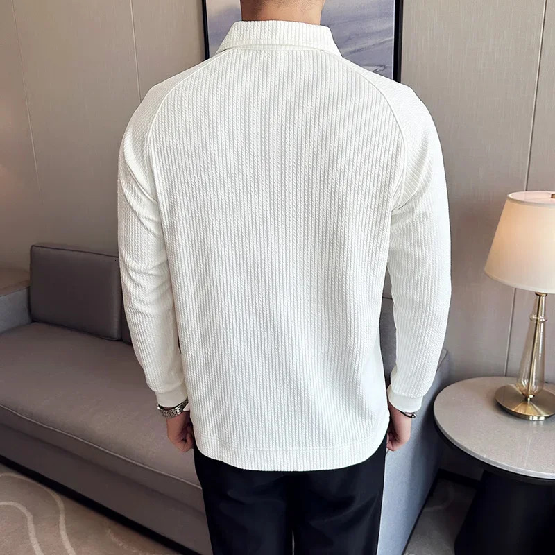 Mens high elasticity long sleeved polo shirt autumn and winter knitted floral collar slim fit solid casual T-shirt 250103