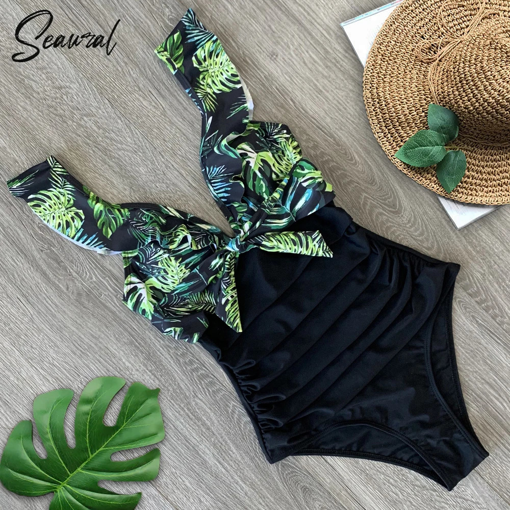 Sexy Ruffle One Piece Swimsuit Off The Shoulder Swimwear Women DeepV Bathing Suits Beach Wear Swim Suit 250106