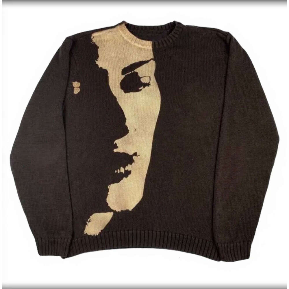Knitwear Portrait Jacquard Pattern Round Neck Long Sleeve High Street Loose Sweater Punk Style