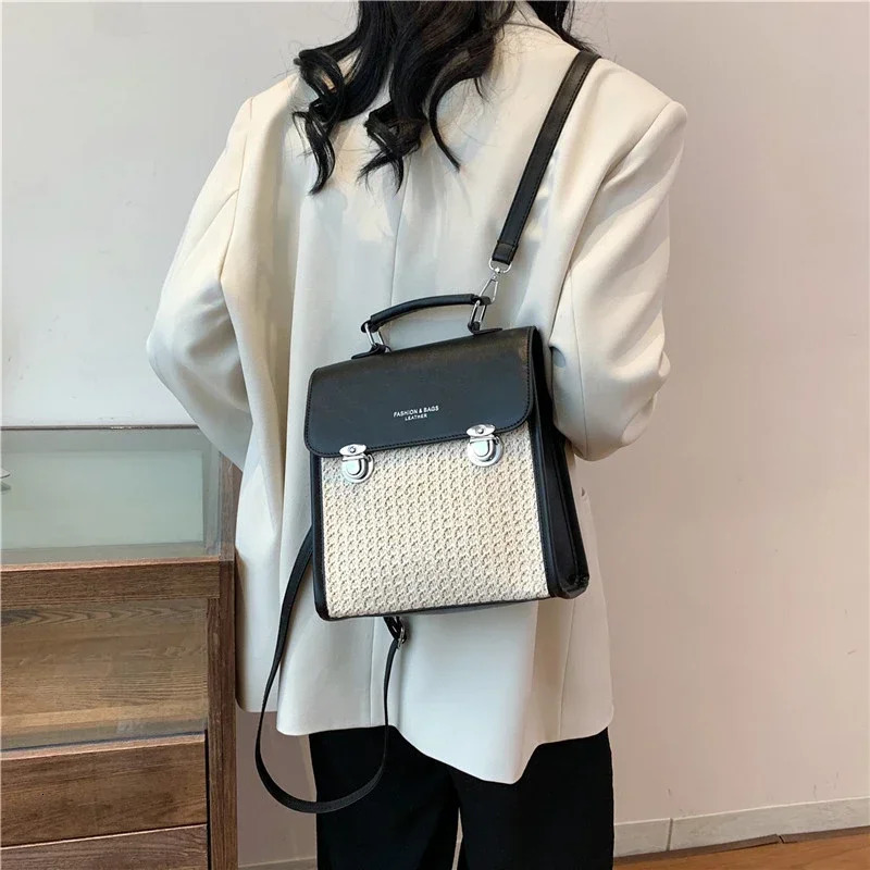 High Quality PU Straw Fashion Backpack Simple Versatile Crossbody Bags for Women Summer Large Capacity 250102
