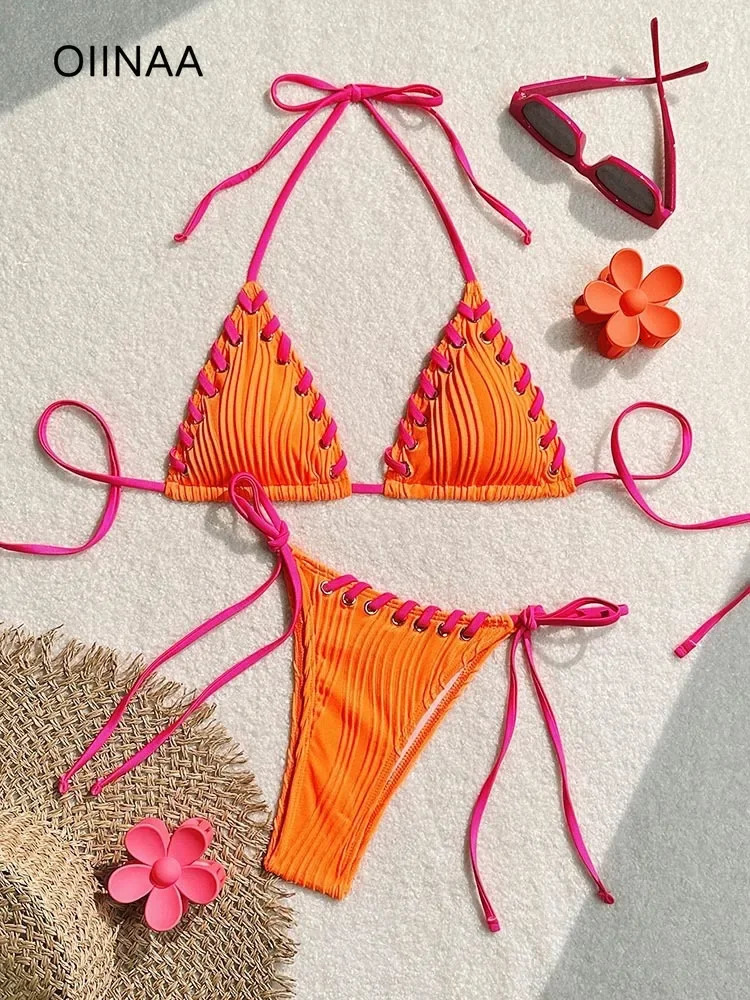 Sexy Bathing Suit Women Orange Swimsuit Halter Bikini Set Twopiece Split Biquinis Drawstring Swimwear Lace Up Beach Wear 250106