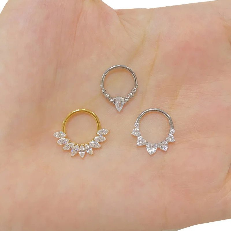 ASTM F136 EAR Nose Ring PIERC with CZ Segment Hoop Ring Face Hinged Segment Clicker Labret Cartilage Piercing Jewelry 250103