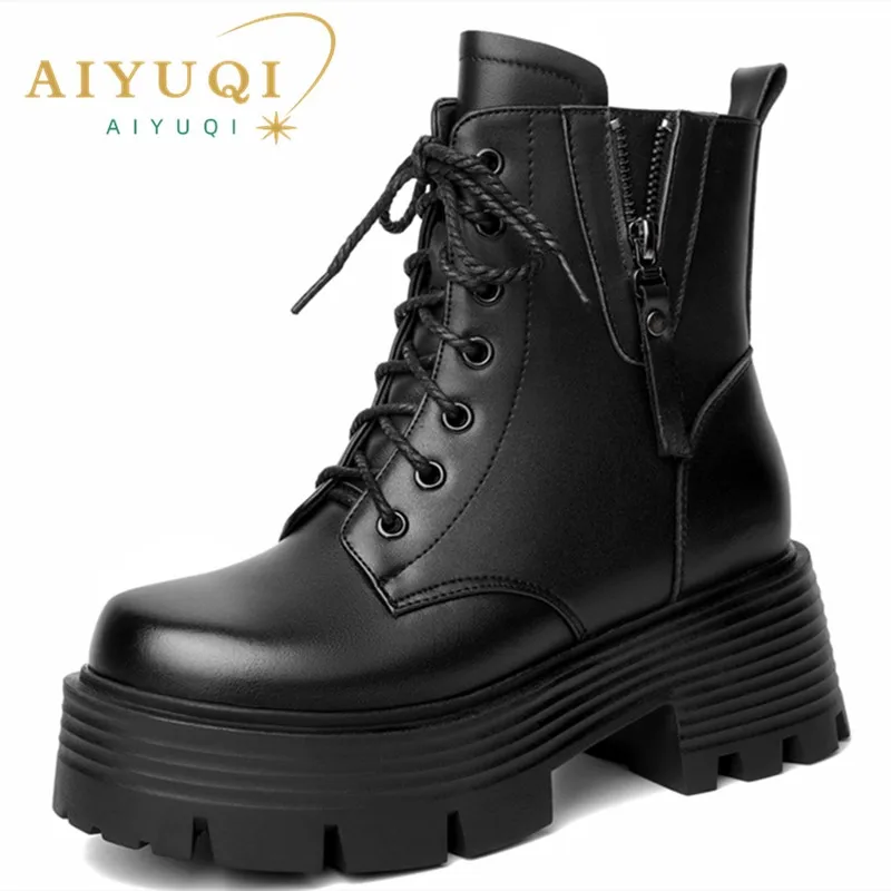 AIYUQI Ankle Boots Female Genuine Leather Natural Wool Warm Winter Boots Women Fashion High Heel Snow Boots Women