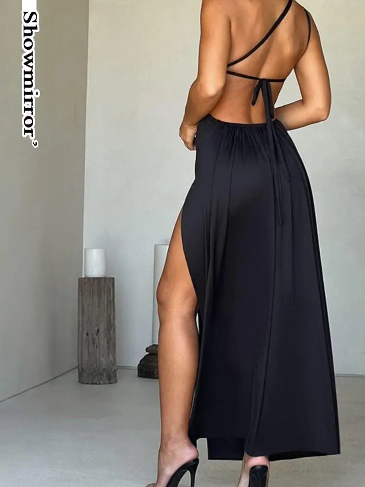 Elegant Evening Dresse One Shoulder Maxi Dress Club Party Ruched Dres Outfits Sexy Backless Tie Up Dresses Vestido Robe 250103