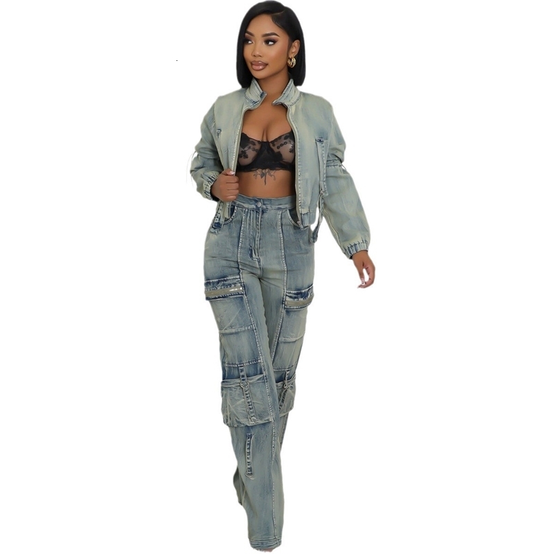 Womens Tracksuits Two Pieces Set 2025 New Fashion Sexy High Elasticity Multi Pocket Washed Cowboy Casual Set