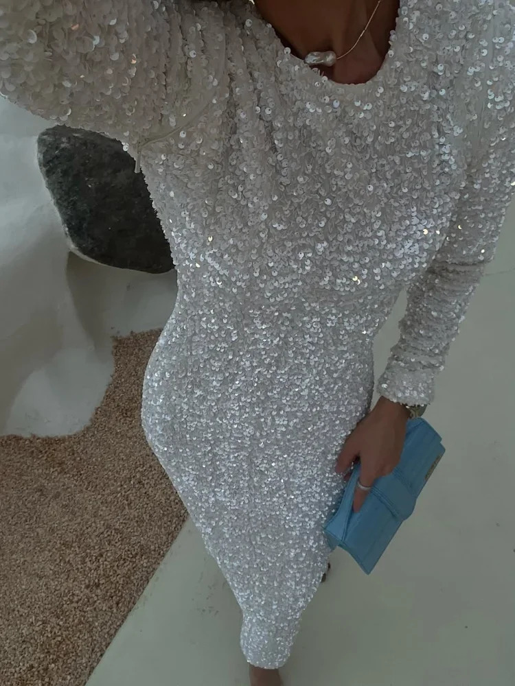 Elegant sequined womens long dress fashionable full sleeved O-neck womens Maxi dress 2025 fashionable and sexy party evening dress womens vest 250103