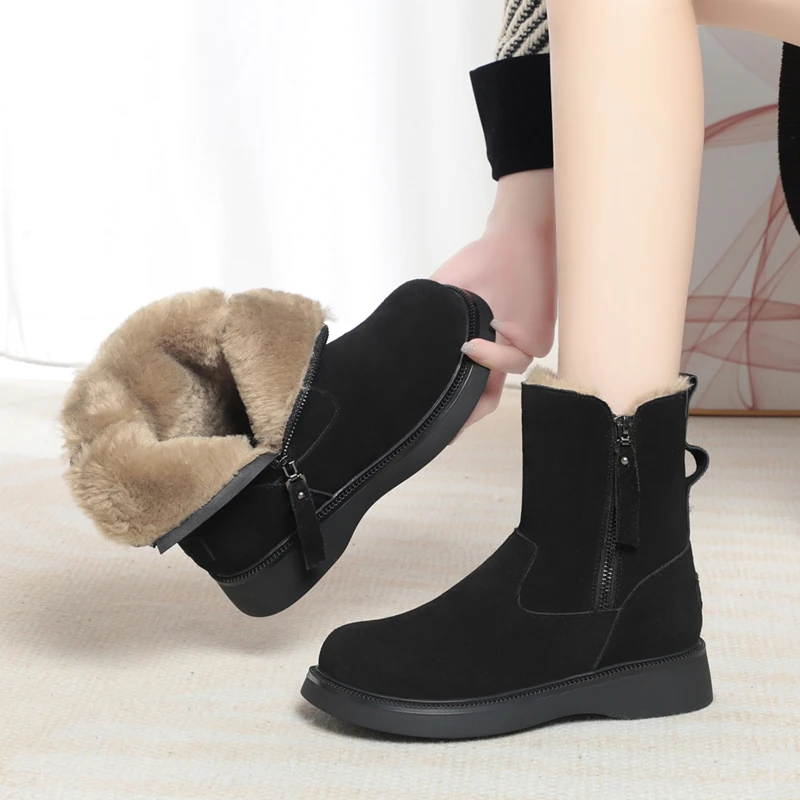 AIYUQI Women Winter Boots Wedge Genuine Leather Natural Wool Women's Snow Boots Anti-slip Warm Women's Booties