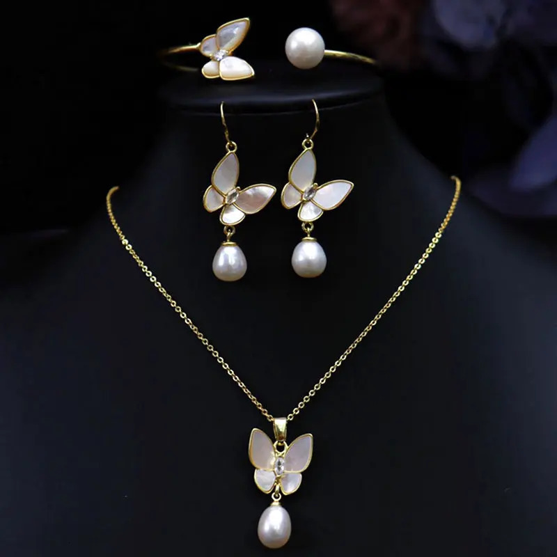 Elegant Shell Natural Pearl Butterfly Pendant Necklace Bracelet Earring Jewelry Set For Women 250102