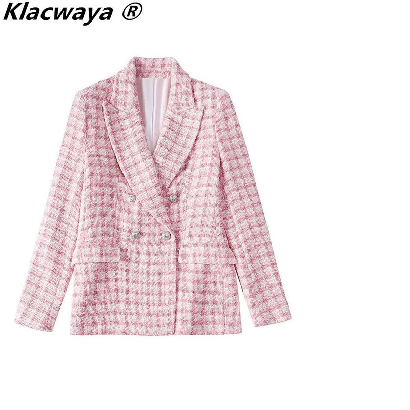 Klacwaya Jacket Pink Plaid Blazer Women Clothing Office Casual Tweed Blazers Double Breasted