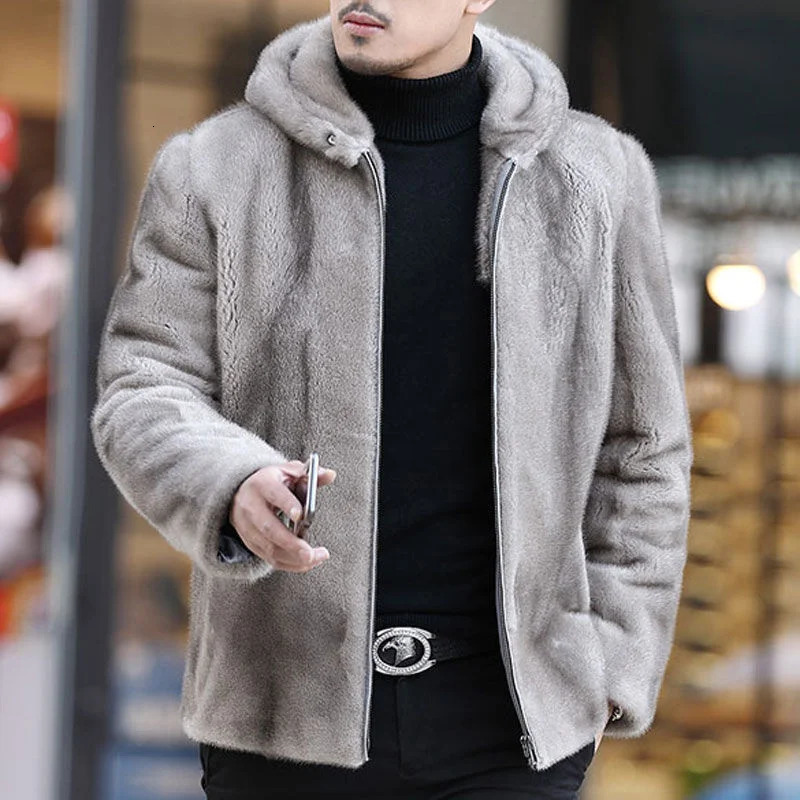 Mens Fur Coat Winter Outerwear Plush Thickened Overcomes Down Stand Collar Or Lapel Hooded 241227