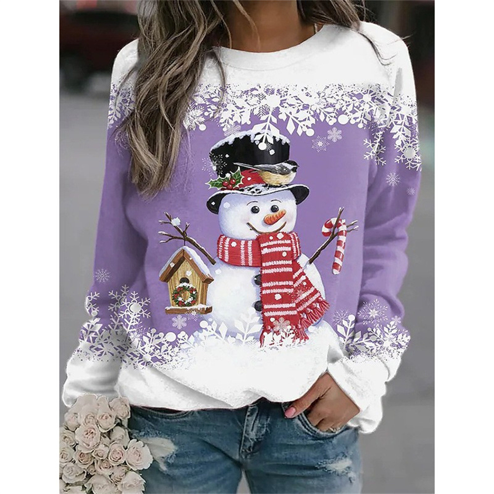 2025 New Women's Snowman Printed Long Sleeved Casual Loose T-shirt Single Top