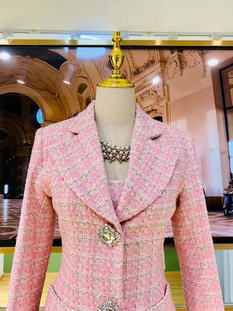 Pink Tweed Suit Jacket Autumn Winter New High Quality Dia Buckle Splicing Slim Elegant Commuter Coat Backless Bow Set Women
