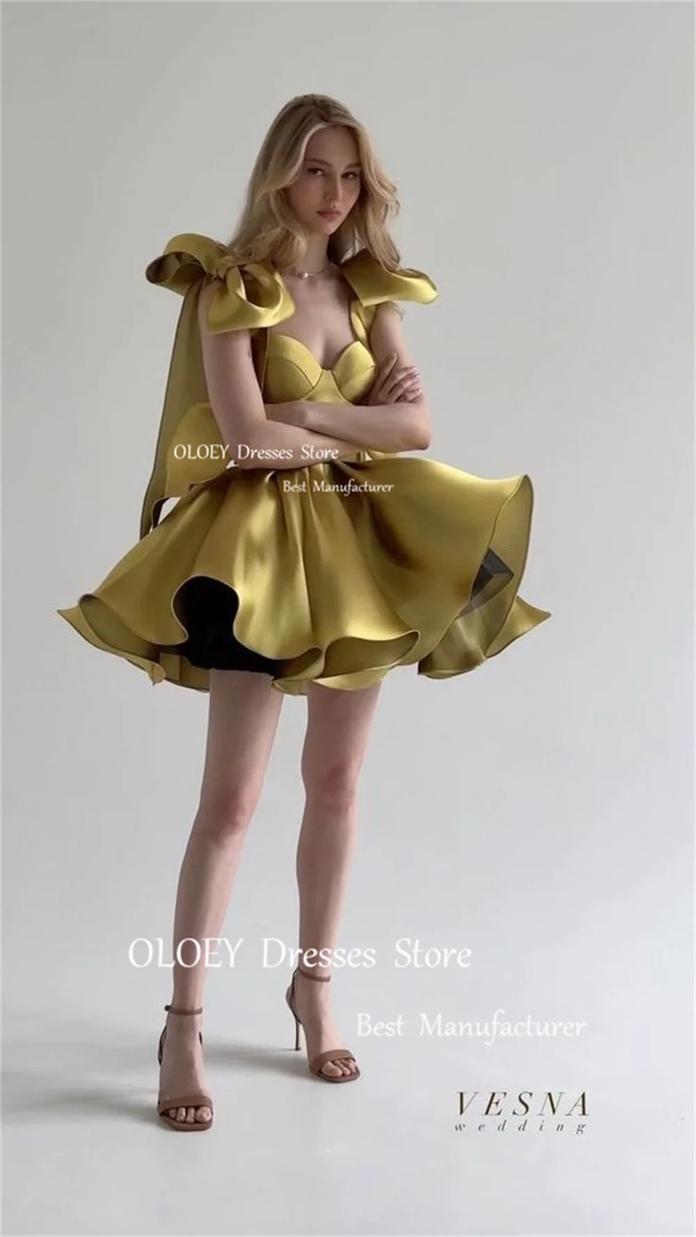 OLOEY Sexy Sweetheart Mini Ball Cocktail Dress Ribbon Bow Sleeve Folded Satin Evening Dress Customized Wedding Party Dress 250103