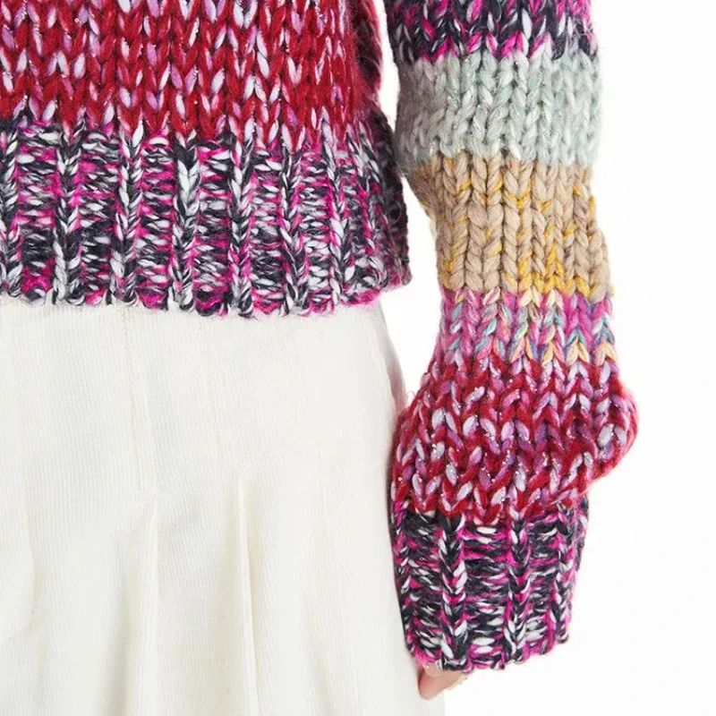 Striped Multi Color Sweater Knitted Crew Neck Jumper Drop Shoulder Rainbow Knitwear AutumnWinter Woman Clothing 250103