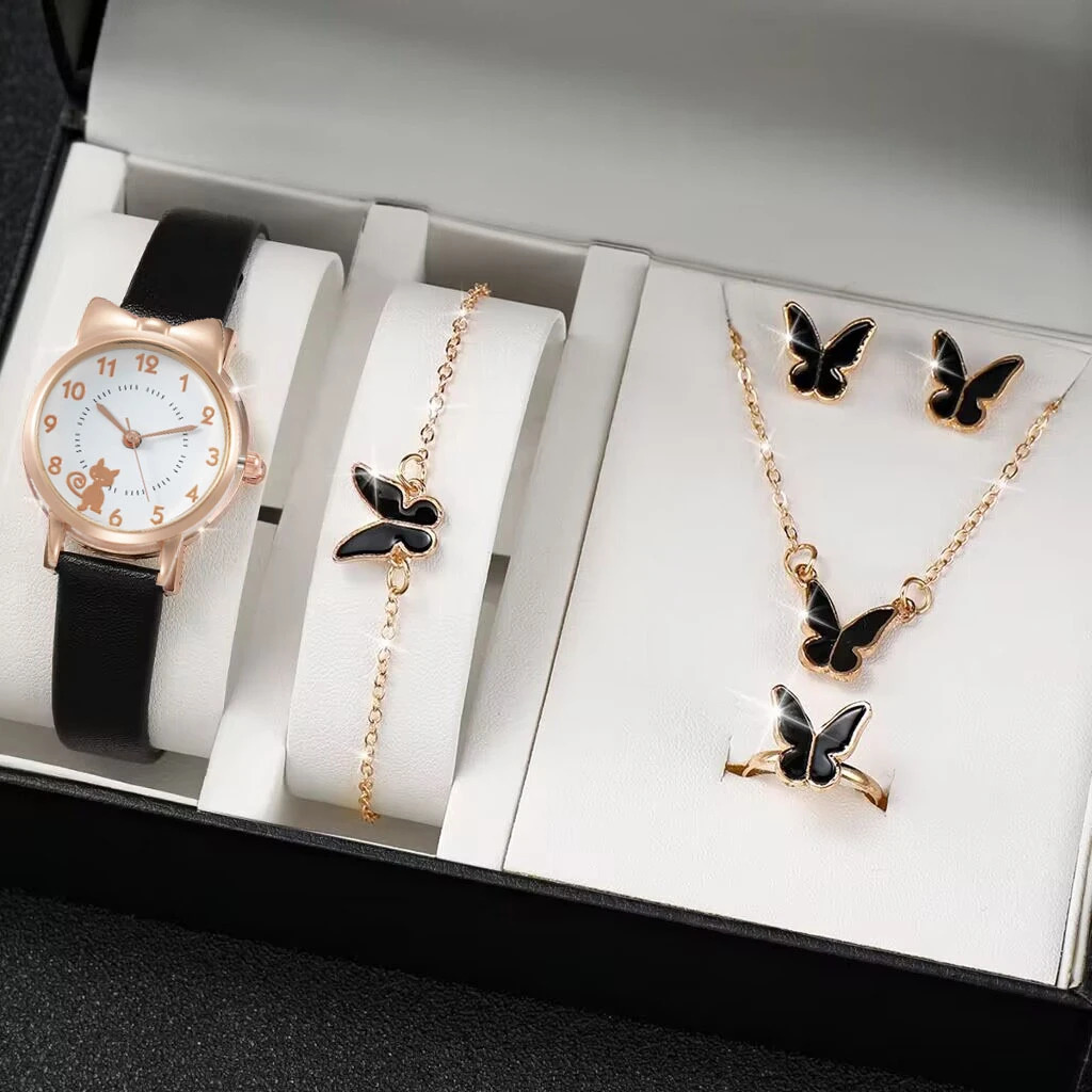 Fashion Womens Quartz Watch PU Leather Strap Student Cute Cartoon Girl WatchesJewlery Set NO BOX 241228