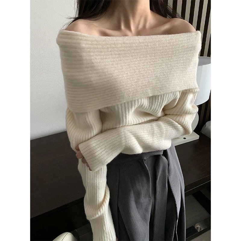 MEXZT Elegant Slash Neck Sweater Women Sexy Off Shoulder Black Knitted Pullovers Korean Aesthetic Knitwear Long Sleeve Jumpers 250103