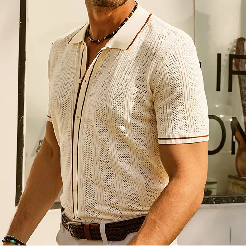 Mens button casual knitted polo shirt streetwear retro solid color long sleeved fashion patched work knitted 250103
