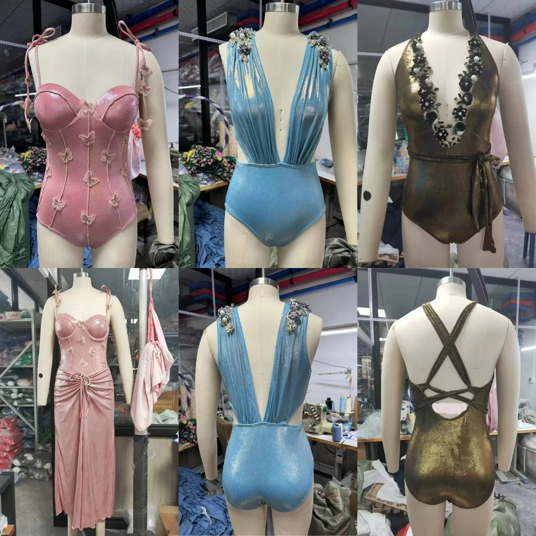 Swimsuit Deep V Heavy Industry Solid Color Glossy One-piece Swimsuit Set for Women Style 250106