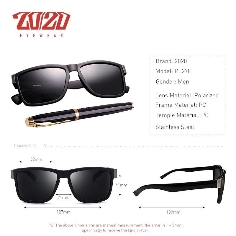20/20 Classic Polarized Sunglasses Men Glasses Driving Coating Black Frame Fishing Driving Eyewear Male Sun Glasses PL278 250106