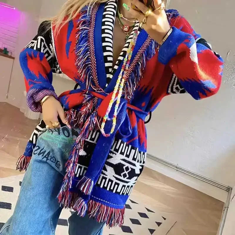 jacquard knit cardigan fringe street wear fashion icon women warm long sleeve belt tied coat 250103