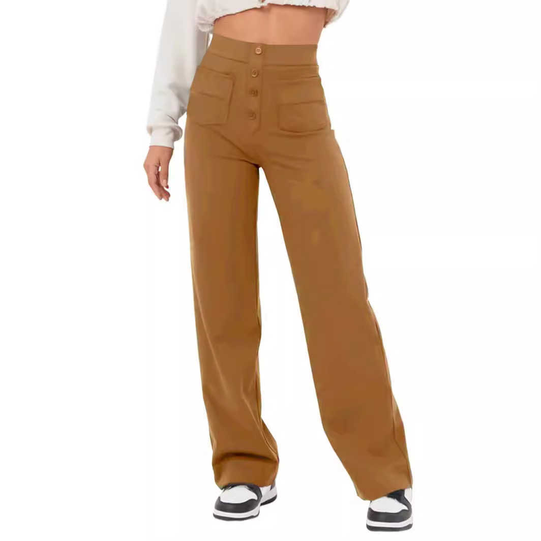 2023 Fashionable New Womens Casual Straight Leg Pants with High Waist Button Elastic Belt and Multiple Pockets