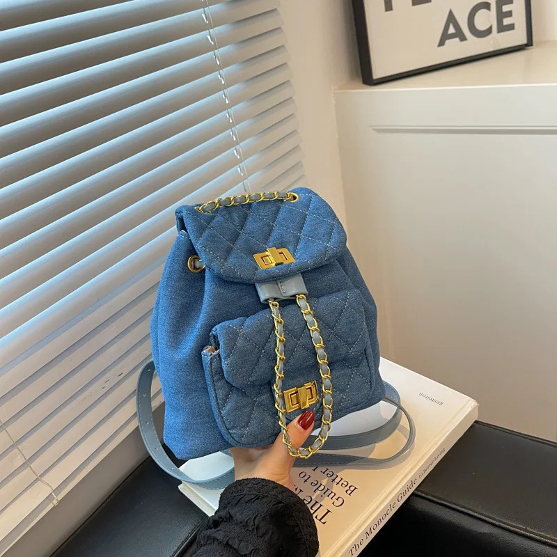 Fashion Retro Denim Canvas Chain Backpack Womens Mini Diamond Solid Color Fashion Versatile Small Backpack 250102