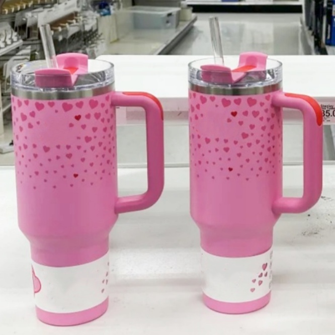 US Stock 40 OZ Valentine's Day Cups Blue Magnolia Lilac Floral Stainless Steel Tumblers with handle Lid And Straw 14oz Mini Kids Heart Travel Car