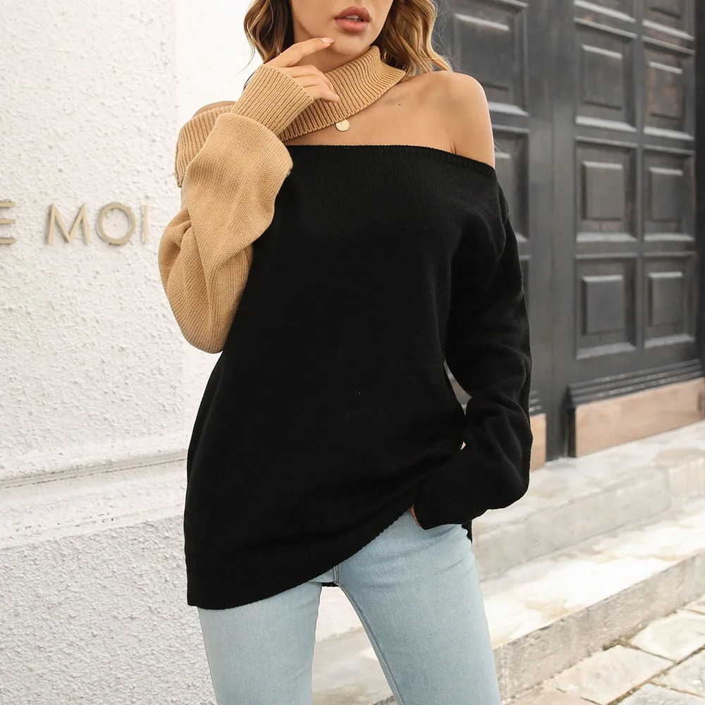 Mia Muse Womens Sweater Autumn Winter Fashion Fitting Slim Hollow Out Contrast Color Long Sleeve Off Shoulder Streetwear Sweat 250103