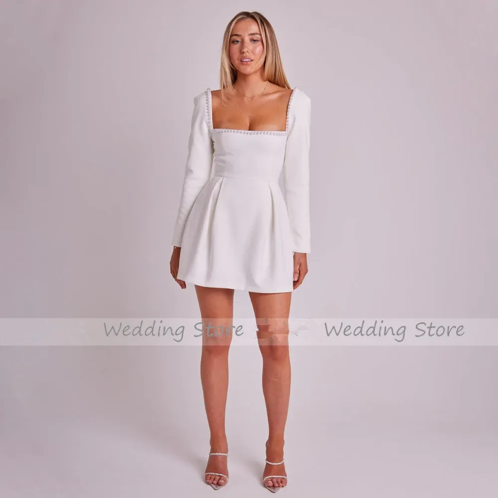 Short Wedding Dress 2025 Long Sleeves Pearls Square Collar Mini Brides Gown for Women Bride A Line Backless Cute Bridal Dresses Vestido De Novia