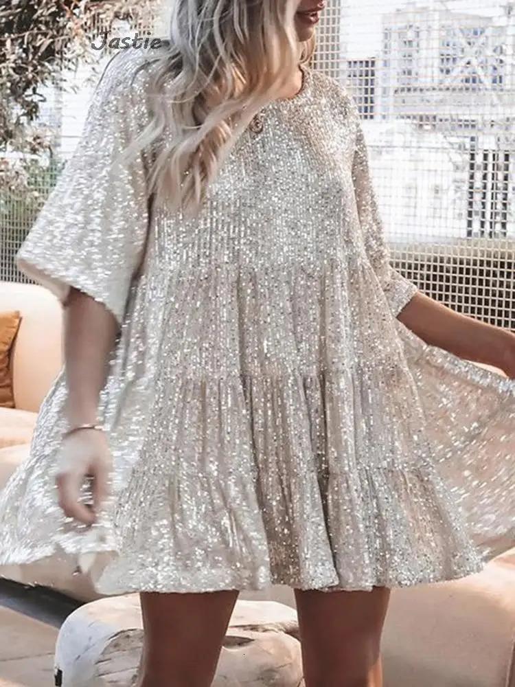 Solid Color Fashion Sequin Round Neck Womens Dresses Loose Waist Short Sleeve Dress Banquet Woman Clothing Summer 250103