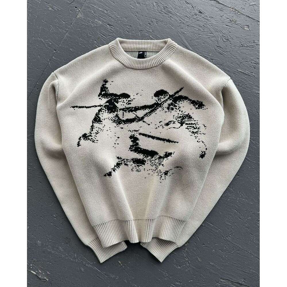 Ins knitted dark pattern jacquard round neck long sleeved high street loose sweater y2k