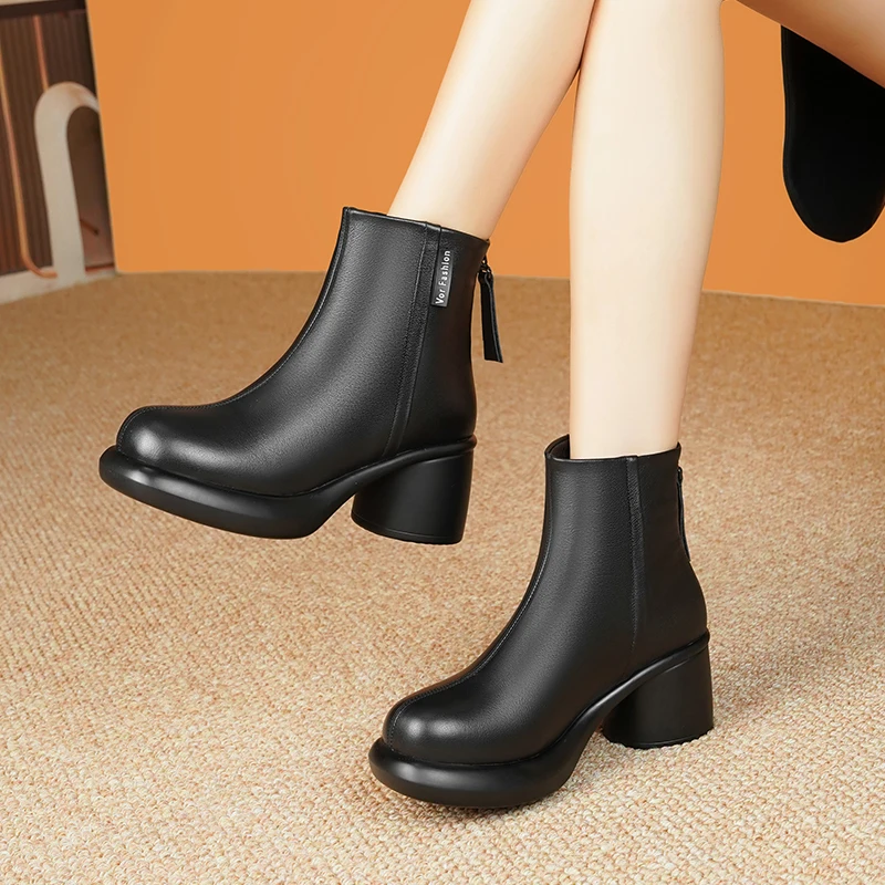 AIYUQI Women Ankle Boots Genuine Leather High Heel Women Dress Boots Retro Natural Wool Winter Boots Women