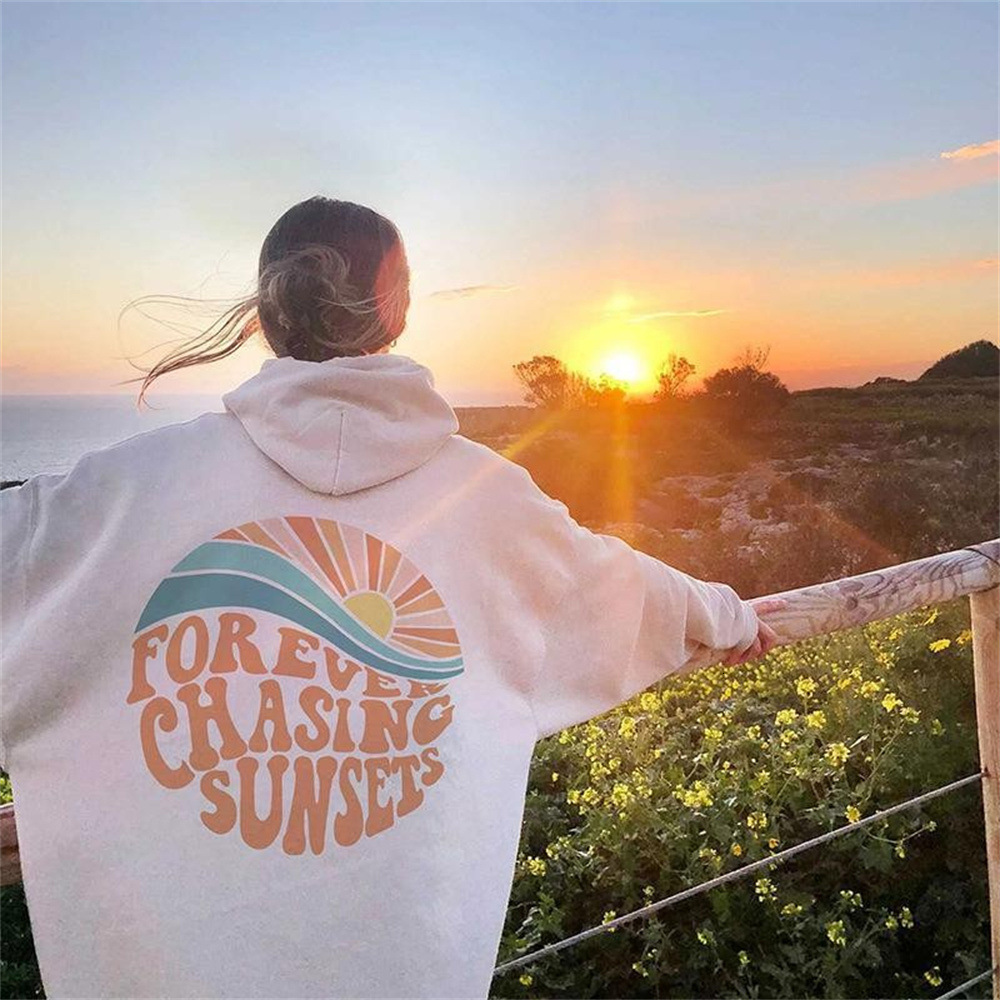 2024 American Velvet Always Chases The Sunset Kangaroo Pocket Drawstring Printed Hoodie