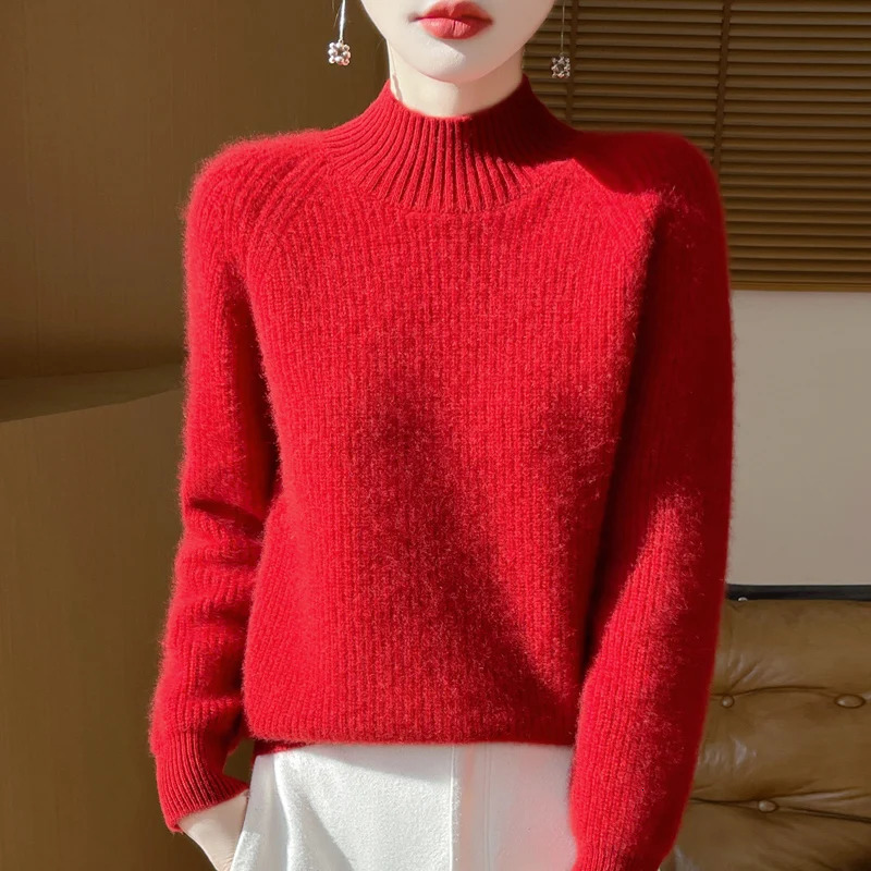 Autumn and winter 100% pure wool womens semihigh neck pullover European loose padded knit bottoming shirt 250103