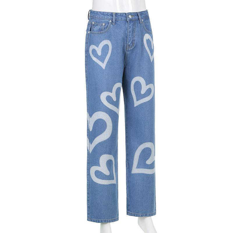 Autumn Womens 2022 Fashion Street Love Graffiti Casual High Waist Jeans for Women