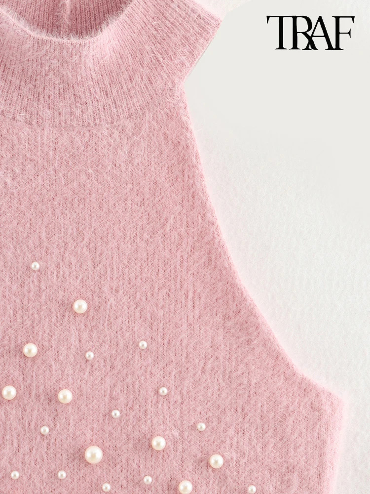 TRAF Womens Fashion Sweet Faux Pearl Embellished Pink Pullover French Sexy Sleeveless Strapless Design Slim Sweater Ladylike 250103