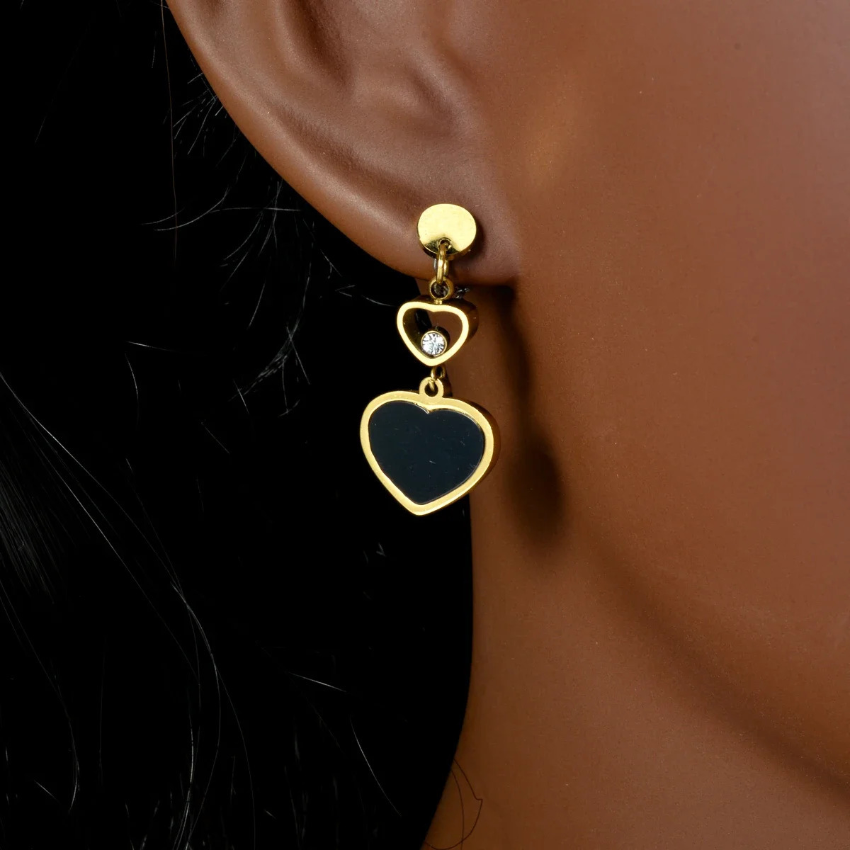 2PCS Sets Jewelry Female Cute Heart Zircon Pendant Cuban Gold Plated Earring for Women Wholesale Stainless Steel Charms 250102