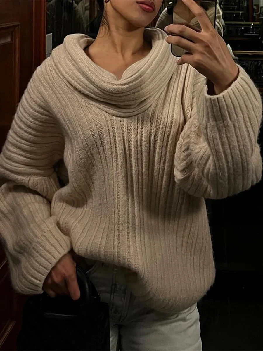 Women Loose Knit Autumn Winter Warm Sweater Solid Color Long Sleeve Boat Neck Off Shoulder Pullovers Female Jumpers Tops Coat 250103