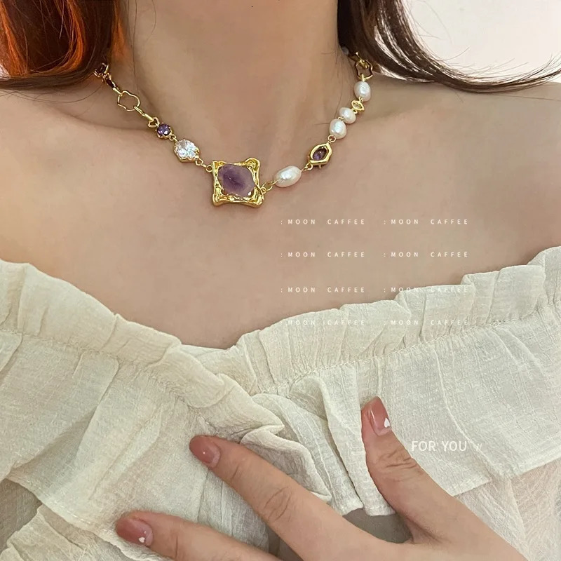 Style Butterfly Freshwater Pearl Baroque Necklace Purple Crystal Zircon Clavicle Chain Elegant Female 250102