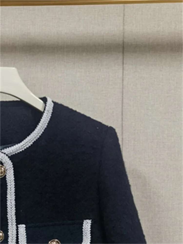 Ladies Single-Breasted Long Sleeve Jacket Outwear Tops Women Retro Contrast Color Trim Tweed Coat 2024 Autumn Winter